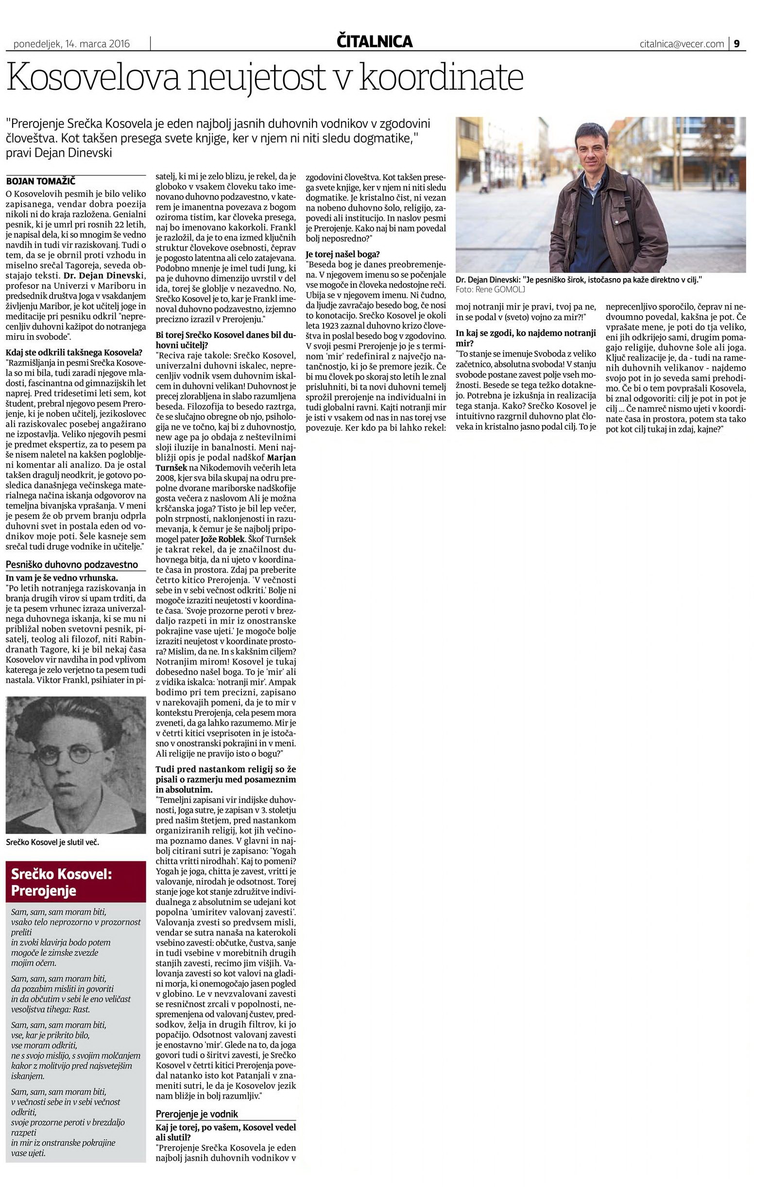 Večer 2016-3-14 DejanD o Kosovelu